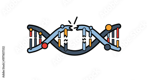 Colorful illustration of a double helix DNA strand that is broken or damaged, representing genetic mutations and disease.