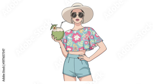 Cartoon woman, summer outfit, floral shirt, holding coconut drink, tropical vacation, illustration