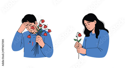 Emotional illustration of a man and a woman holding wilted red flowers representing grief, sadness, or a lost relationship.