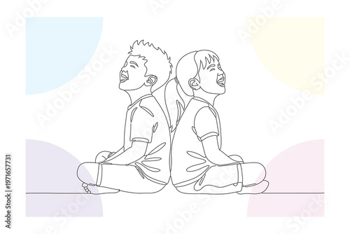 Continuous line drawing of two children sitting back to back, minimalist illustration with pastel geometric shapes, modern art style.