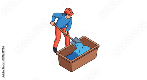 Construction worker in a hard hat using a shovel to mix blue concrete material in a large brown plastic tub container.