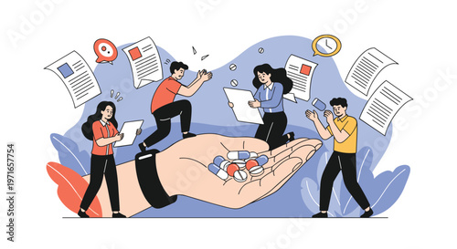 Group of people discussing health reports around a giant human hand holding various medical pill capsules and tablets.