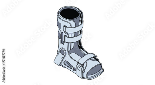 Isometric medical illustration of an orthopedic walking boot used for recovery from foot and ankle injuries or fractures.