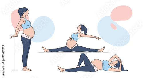 Illustration of a pregnant woman performing different yoga and stretching poses for health and wellness during pregnancy.
