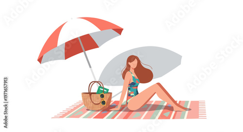 Beach, woman, summer, illustration, bikini, umbrella, picnic, vector