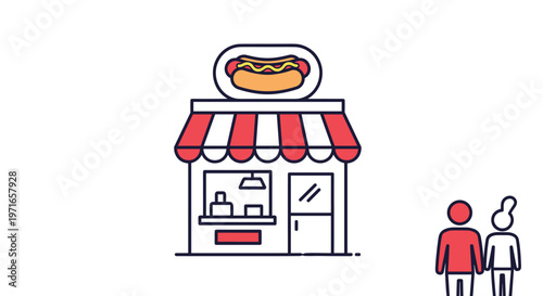 Small street food stand selling hot dogs with a striped awning as a couple approaches the window to make a purchase.