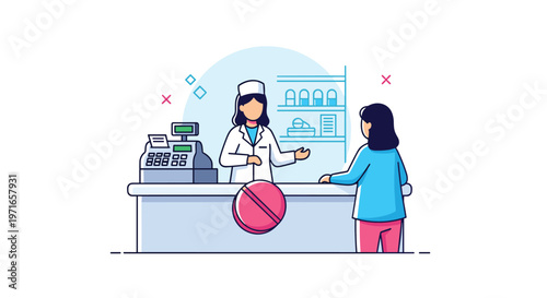 Professional pharmacist in a white coat stands behind a counter helping a female customer in a modern pharmacy setting.
