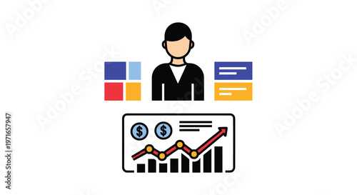 Businessman avatar surrounded by various data blocks and a rising bar chart with currency symbols indicating profit.