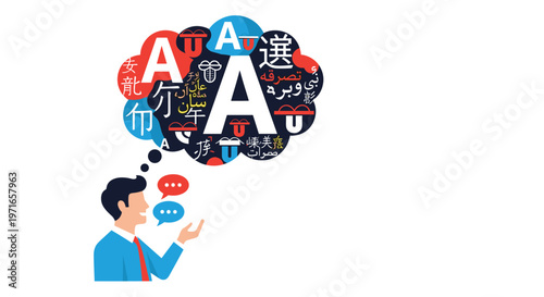Smiling man in a blue shirt with a large thought bubble containing various letters and symbols from different languages.