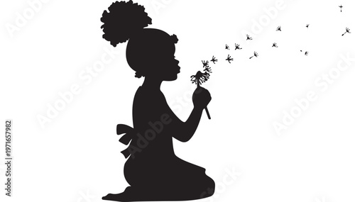 Black silhouette girl blowing stars, whimsical child illustration, fantasy vector, dreamy kid blowing dandelion