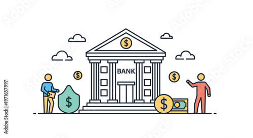 Classic bank building with pillars and a dollar sign surrounded by people, gold coins, and a shield for financial security.