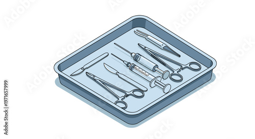Collection of metal surgical instruments including scalpels, syringes, and forceps neatly arranged in a medical tray.