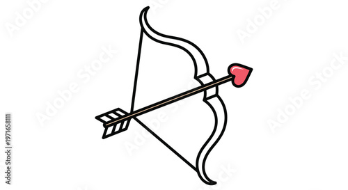 Simple bow and arrow set where the arrowhead is shaped like a bright red heart representing romantic love and Cupid.