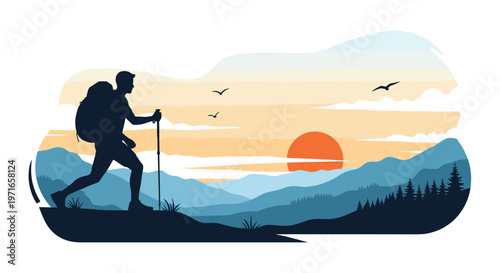 Silhouette of a hiker with a backpack and pole walking along a mountain ridge during a vibrant orange and blue sunset.