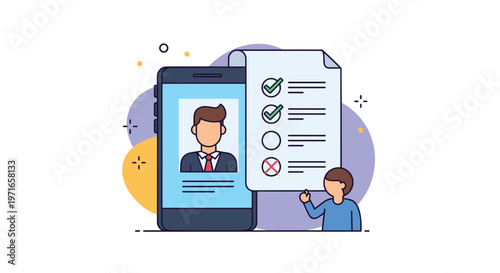 Smartphone displaying a user profile next to a floating digital checklist document with green checkmarks and a red cross.