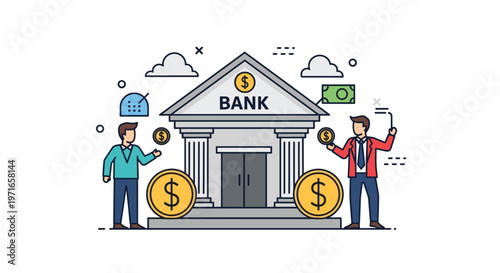 Front view of a bank building with two businessmen holding dollar coins as money icons float in the background.