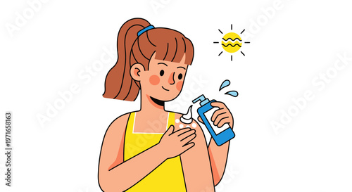 Vector illustration of a girl applying sunscreen, sun protection, skincare, summer safety, cartoon style