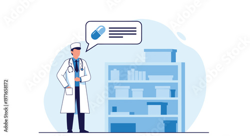 Pharmacist in a lab coat standing in front of a medicine shelf with a speech bubble showing a capsule and text.