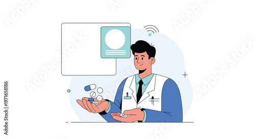 Friendly male doctor in a white coat holding several falling pills and capsules with a digital screen background.