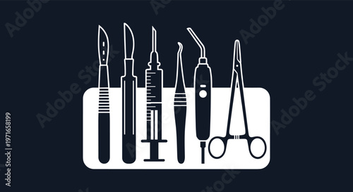 White silhouettes of various surgical instruments including scalpels, a syringe, and forceps against a dark blue background.