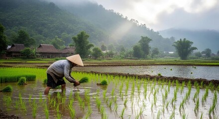 A farmer in a traditional conical hat works in a flooded rice field on a cloudy day