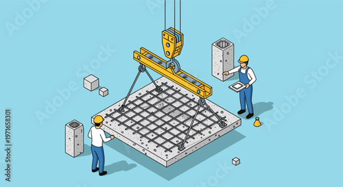 Construction workers using a yellow crane to position a heavy reinforced concrete slab on a building site in isometric view.