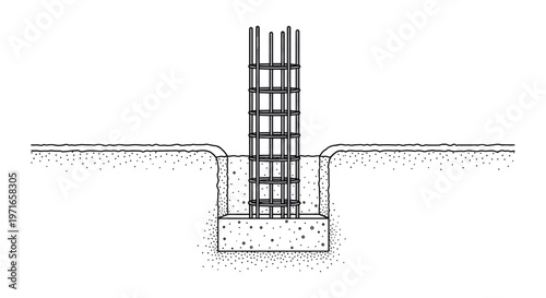 Construction detail of a reinforced concrete pillar foundation being built within a trench in the ground for a new building project.