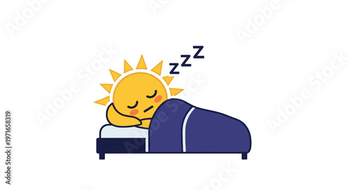 Cute cartoon illustration of a sun character sleeping peacefully in a bed with a blanket and snoring ZZZ symbols during the night.