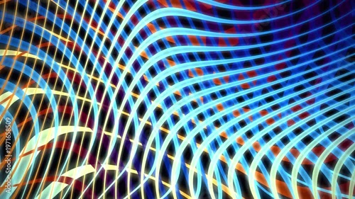 Abstract glowing neon light waves forming a dynamic digital mesh grid on dark background