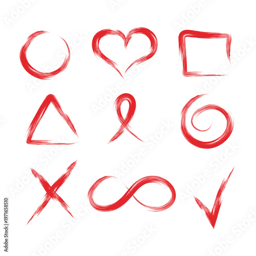 Foto A dynamic illustration featuring nine red brushstroke symbols arranged in a 3x3 grid on a white background