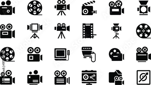 Collection of black film and cinema icons representing various aspects of filmmaking and video production