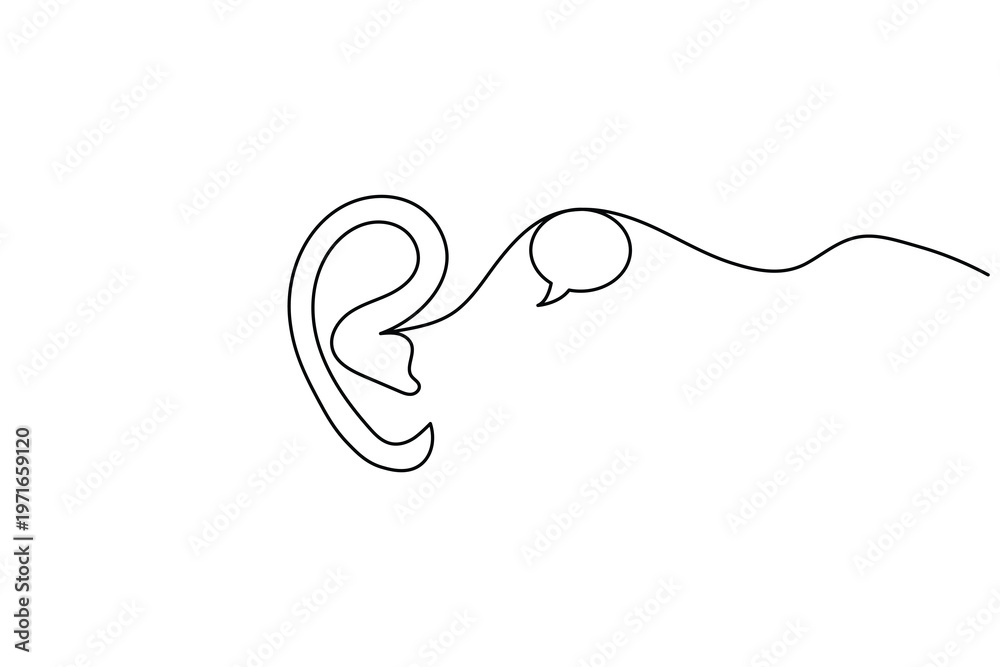 Obraz premium Continuous line drawing human ear with speech bubble white background