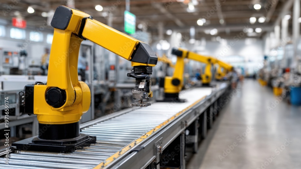 Fototapeta premium Industrial robotic arm in yellow color positioned above a conveyor belt inside a modern manufacturing facility with multiple robotic arms visible in the background