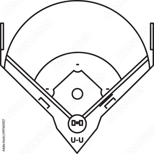 Black and white line of a baseball field from an aerial perspective showing bases pitcher's mound and outfield also transparent background