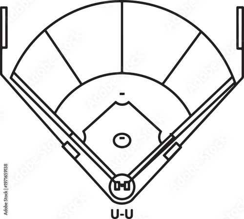 Black and white line of a baseball field viewed from above with home plate and foul lines also transparent background