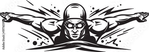 Black and white of a determined swimmer in butterfly stroke with water splashes and bubbles also transparent background