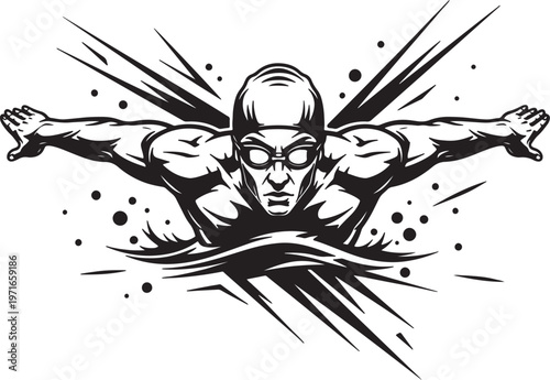 Black and white of a muscular male swimmer performing the butterfly stroke with dynamic water splashes and abstract streaks also transparent background