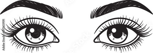 Black and white of two detailed human eyes with long eyelashes and arched eyebrows also transparent background
