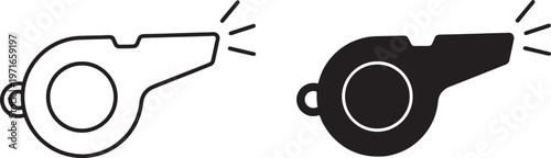 Black and white outline and solid silhouette of a sports whistle with sound waves also transparent background