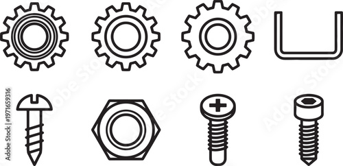 Black outline of gears nuts bolts and a u channel bracket on a white background also transparent background