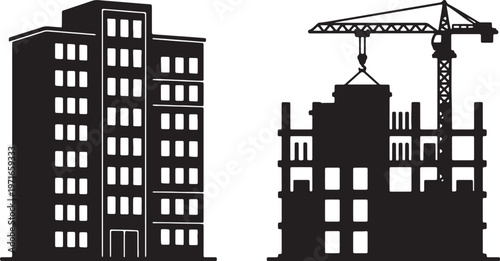 Black silhouette of a completed building next to a building under construction with a crane also transparent background