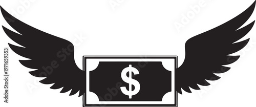 Black silhouette of a dollar bill with white dollar sign and spread wings on white background also transparent background