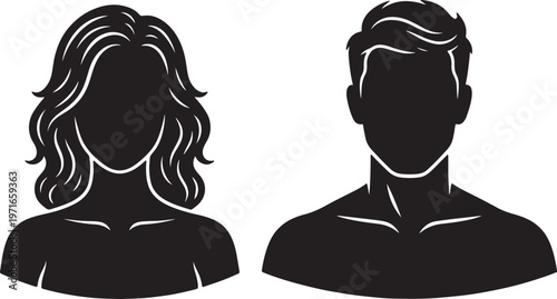 Black silhouette bust portraits of a woman with wavy hair and a man with short hair also transparent background