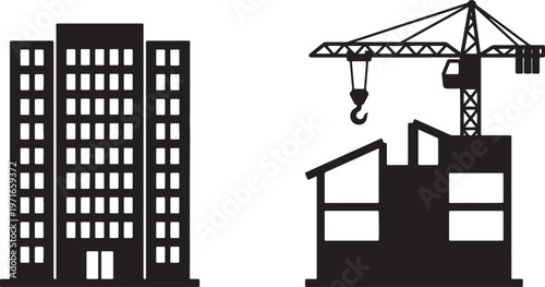 Black silhouette of a multi story building next to a construction crane and building in progress also transparent background