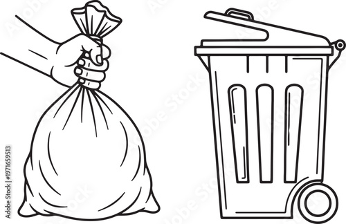 Hand holding tied trash bag next to open wheeled garbage bin also transparent background 1