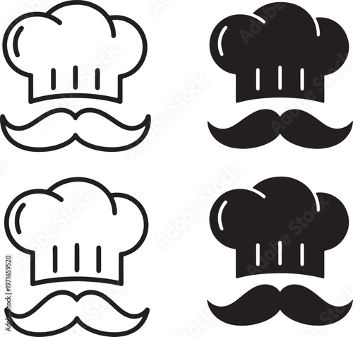 Four stylized chef hats with mustaches two outlined and two solid black also transparent background cooking