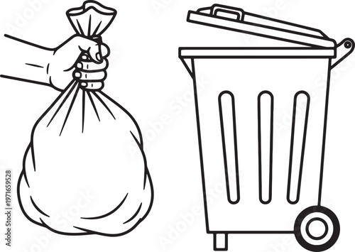 Hand holding tied trash bag next to open wheeled garbage bin also transparent background