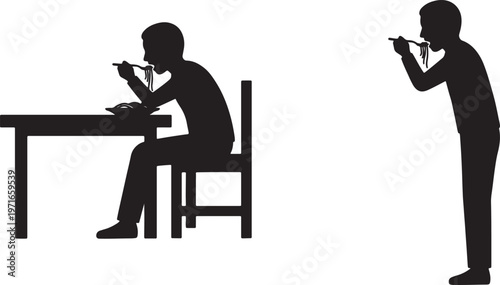 Silhouette of person sitting at table eating spaghetti with fork and person standing eating spaghetti with fork also transparent background