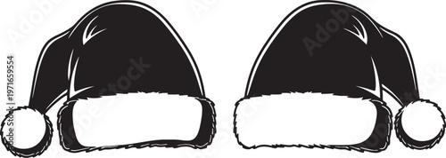 Two black and white of santa claus hats with white trim and pom poms also transparent background santa hat
