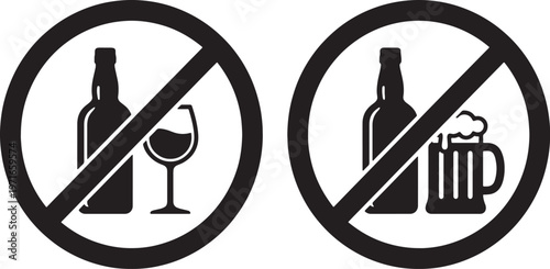 Two black prohibition signs one with a bottle and wine glass the other with a bottle and beer mug also transparent background